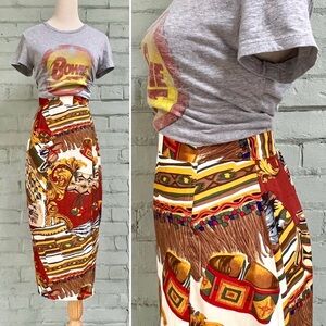 Vintage 1980s Colorful Patterned Midi Faux Wrap Skirt